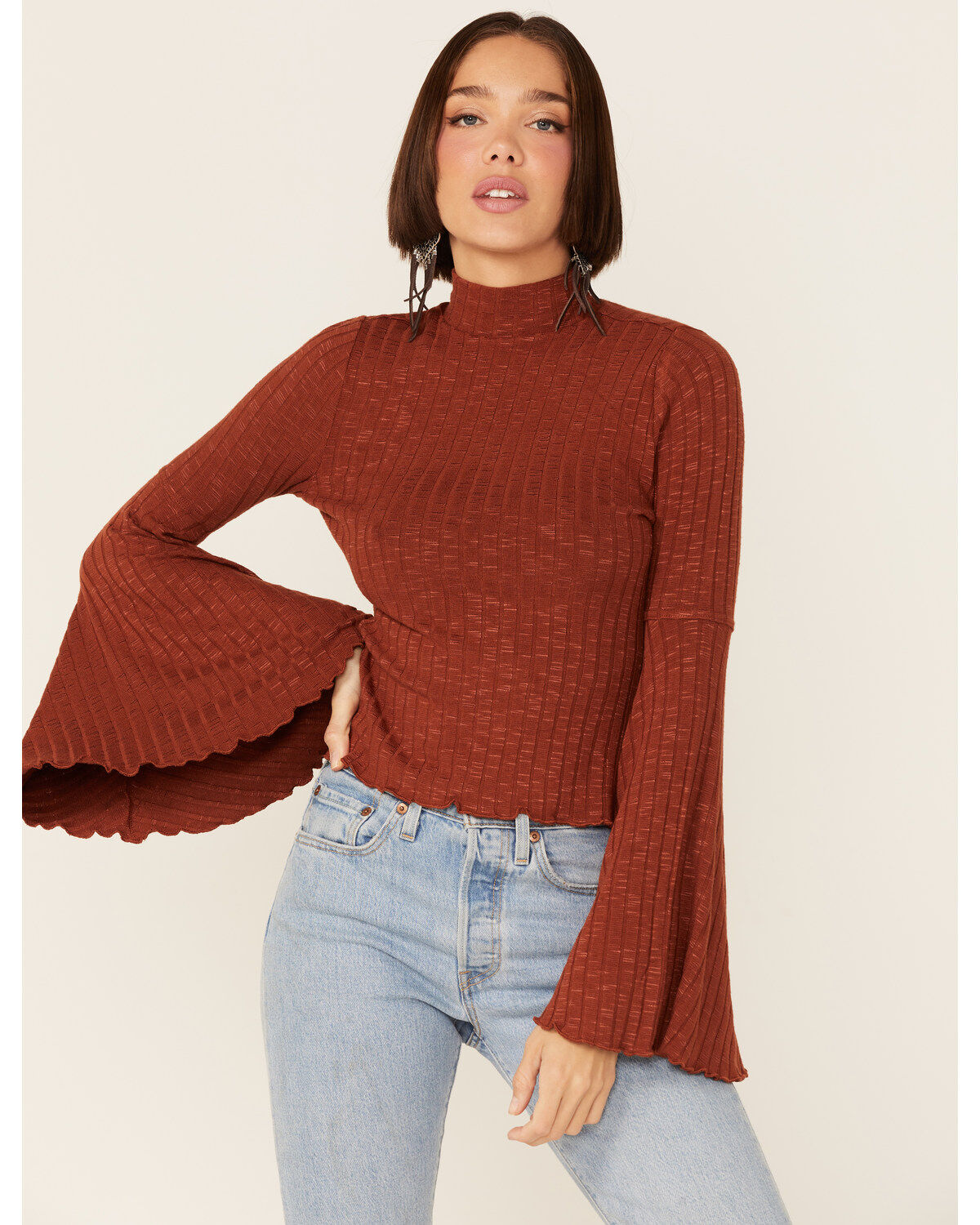 Image #1 - Shyanne Women's Rib Knit Mock Neck Bell Sleeve Top, , hi-res