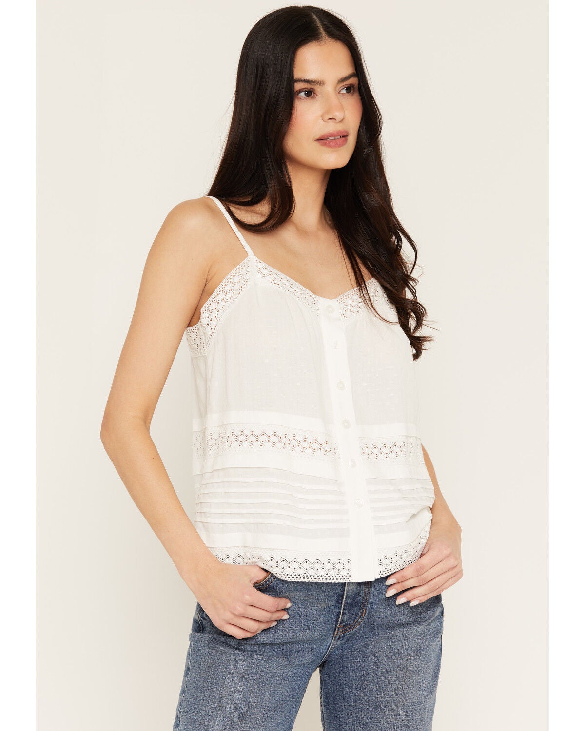 Image #1 - Shyanne Women's Lace Trim Pin Tuck Button-Front Cami, White, hi-res