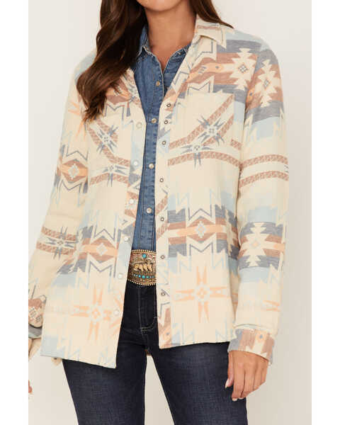 Outback Trading Co Women's Southwestern Print Brianna Long Sleeve Snap Western Shirt, Tan, hi-res