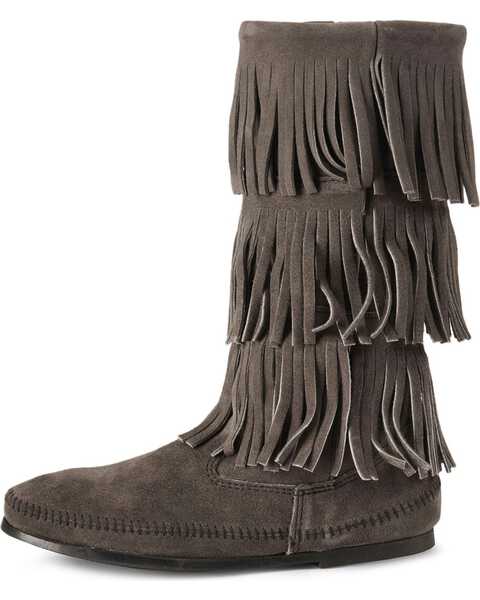 Image #3 - Minnetonka Women's Three Layer Fringe Boots, Grey, hi-res