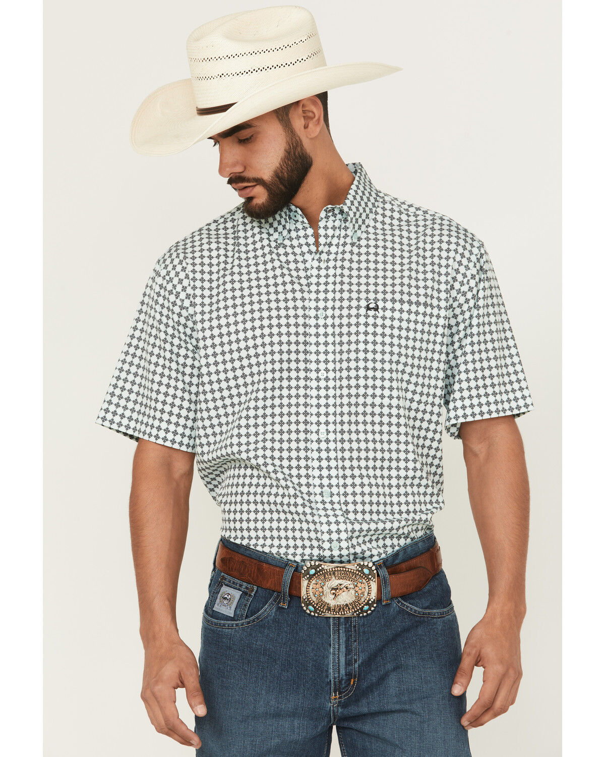 Image #1 - Cinch Men's Geo Print Short Sleeve Button-Down Performance Stretch Western Shirt - Big, Mint, hi-res