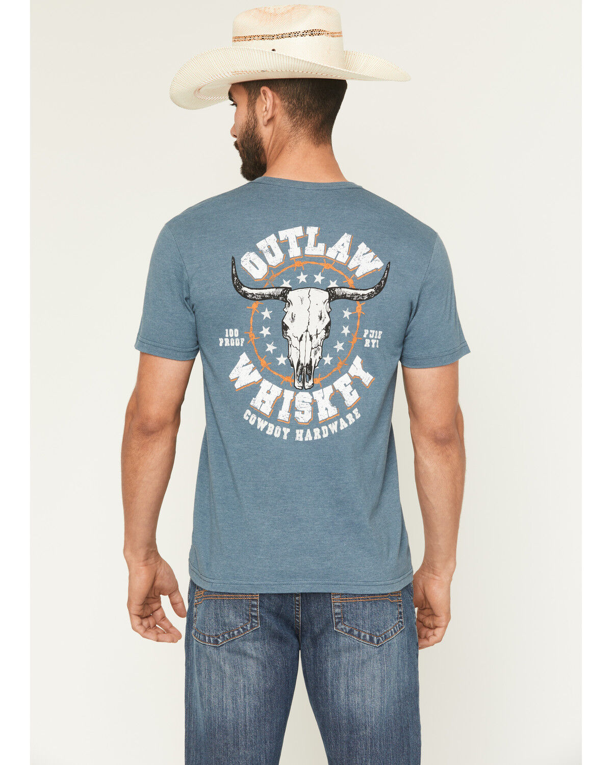 Image #1 - Cowboy Hardware Men's Outlaw Whiskey Short Sleeve Graphic T-Shirt, Blue, hi-res