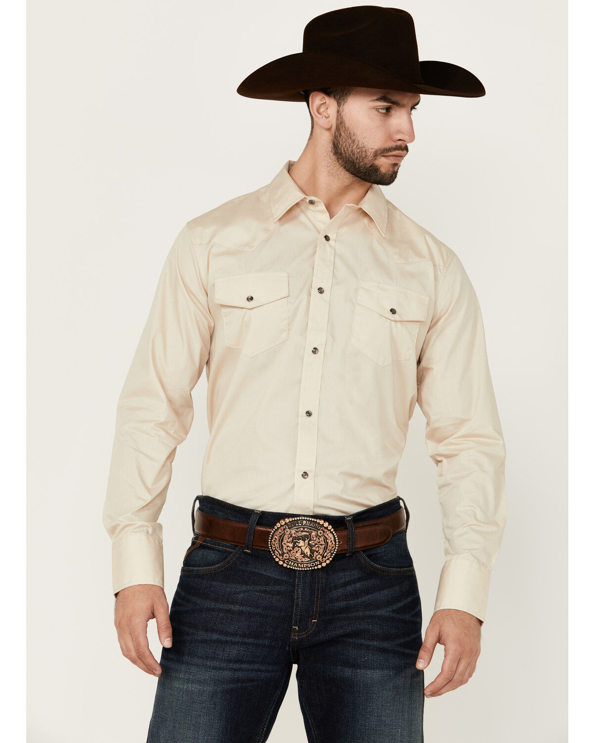 Gibson Men's Basic Solid Long Sleeve Pearl Snap Western Shirt, Tan, hi-res