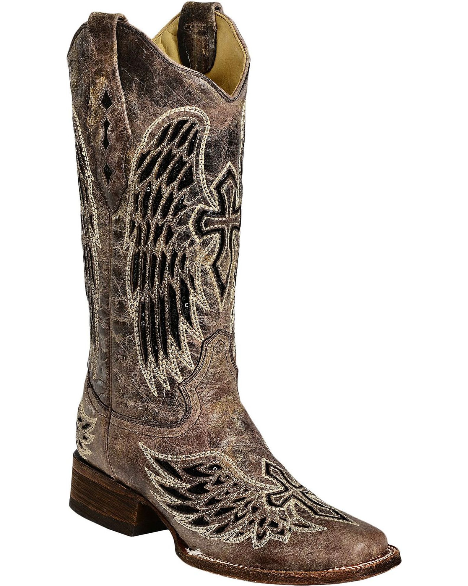 Corral Black Sequin Wing Cross Inlay Cowgirl Boots Square Toe