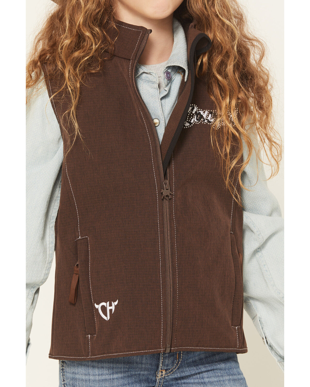 Image #3 - Cowgirl Hardware Girls' Cowgirl Cowhide Print Softshell Vest, Brown, hi-res