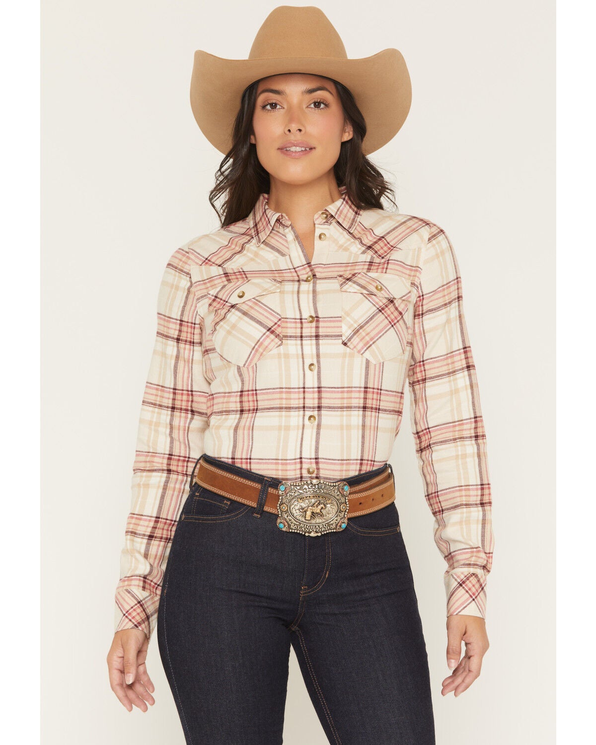 Shyanne Women's Lakecreek Steer Head Plaid Print Long Sleeve Button-Down Flannel Shirt, Dark Pink, hi-res