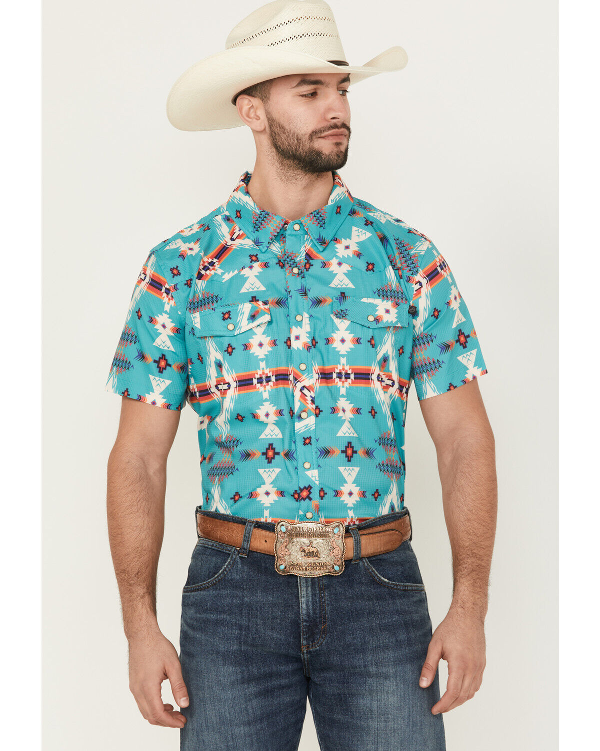 Panhandle Men´s Boot Barn Exclusive TEK Southwestern Print Short Sleeve Performance WesternShirt