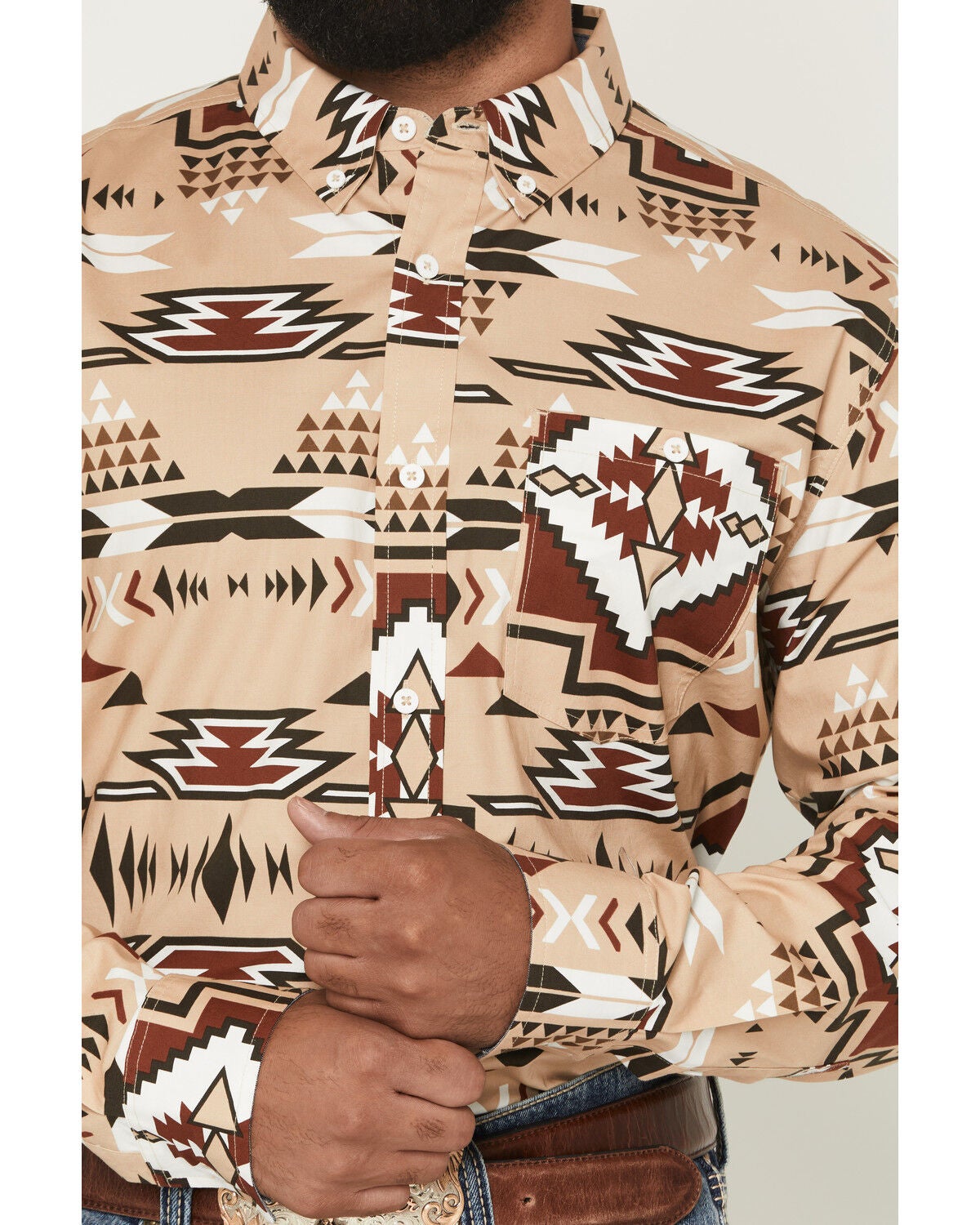 Image #3 - RANK 45&reg; Men's Fire Signal Southwestern Long Sleeve Button-Down Stretch Western Shirt, Tan, hi-res