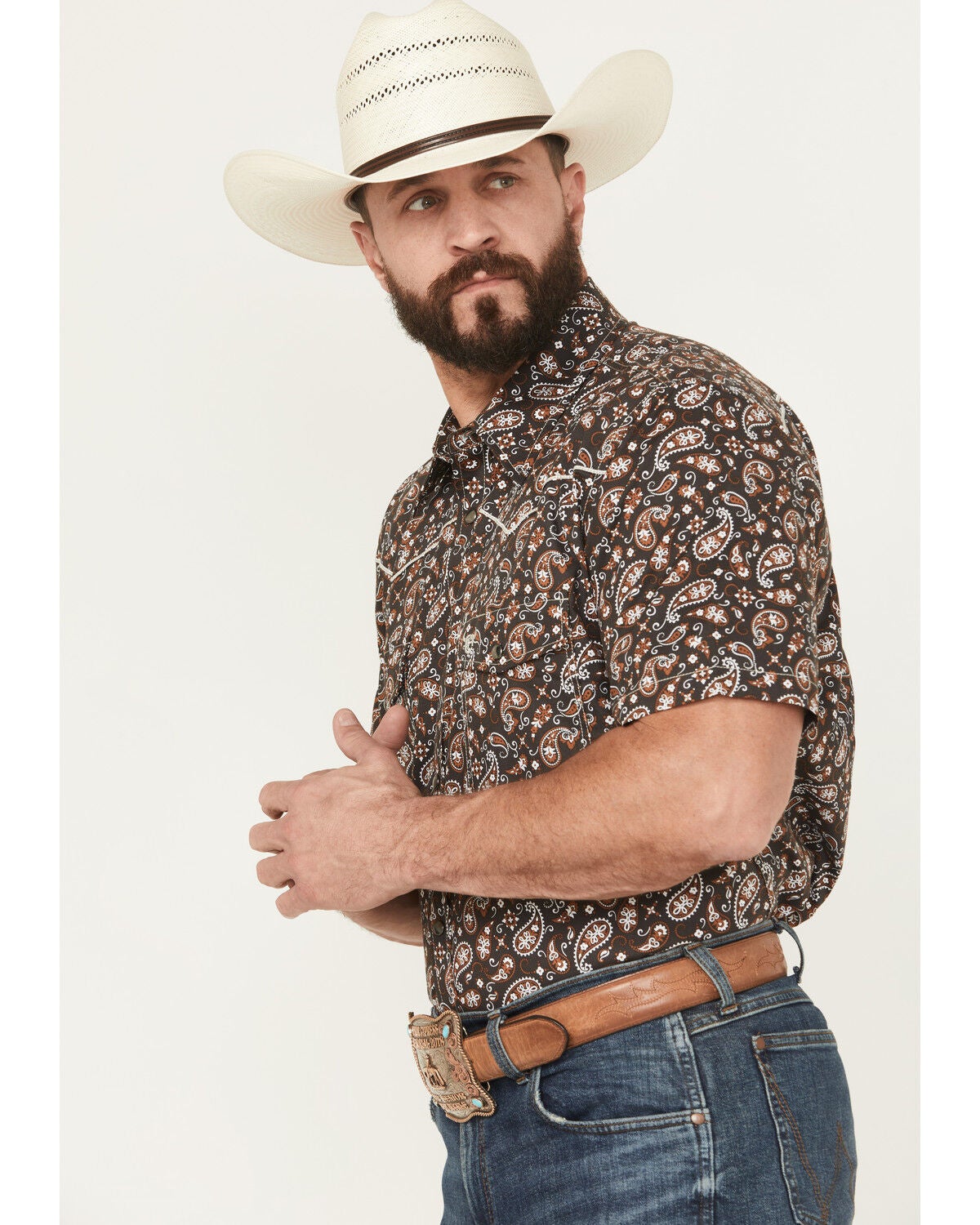 Image #2 - Cowboy Hardware Men's Paisley Print Short Sleeve Snap Stretch Western Shirt, , hi-res