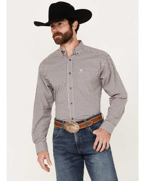 Ariat Men's Oswald Plaid Print Long Sleeve Button-Down Western Shirt, Peach, hi-res
