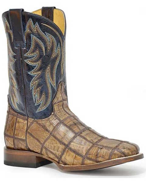 Roper Men's Caiman Check Patchwork Exotic Western Boots - Broad Square Toe , Tan, hi-res