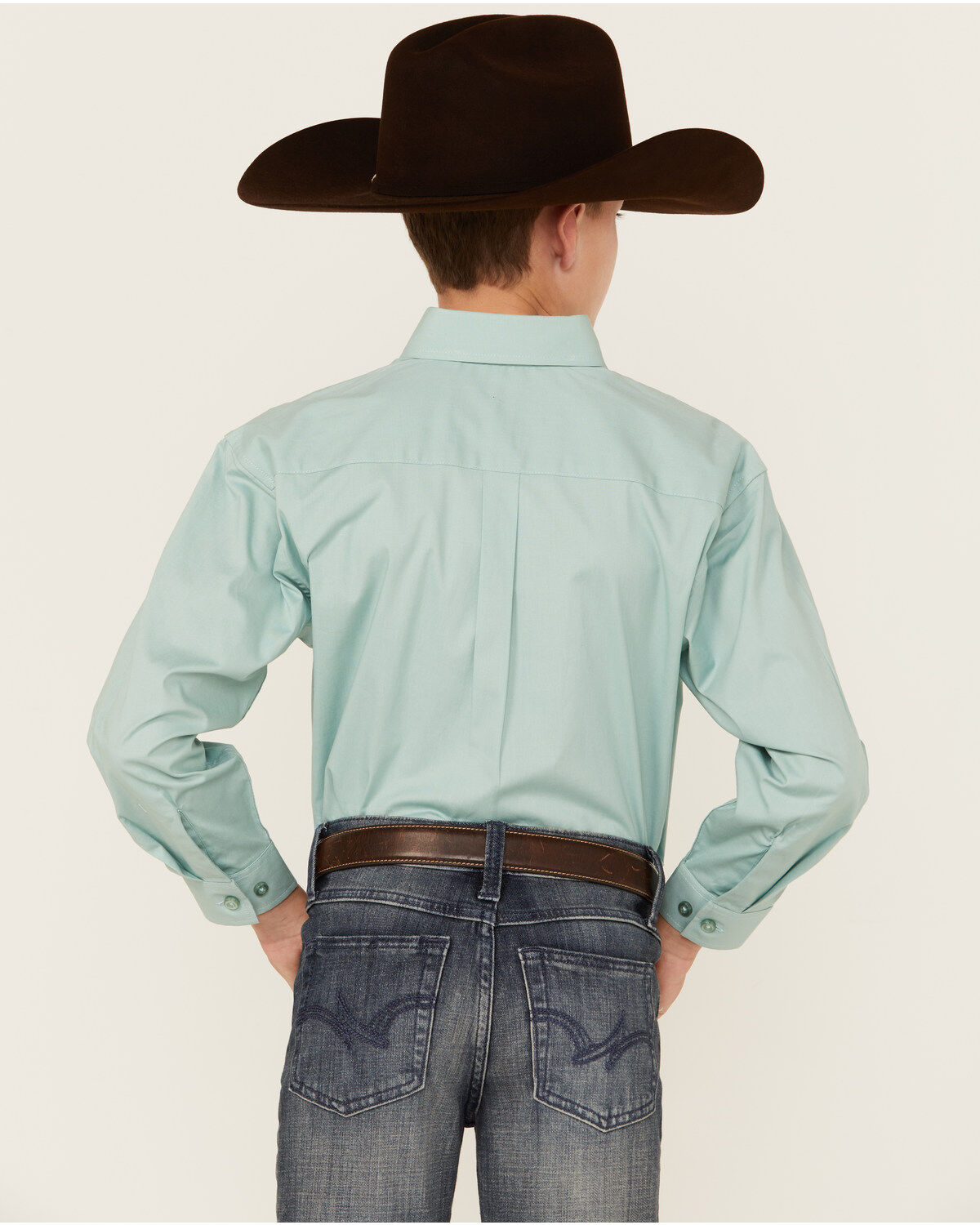 Image #4 - Panhandle Boys' Solid Poplin Long Sleeve Button-Down Western Shirt, Aqua, hi-res