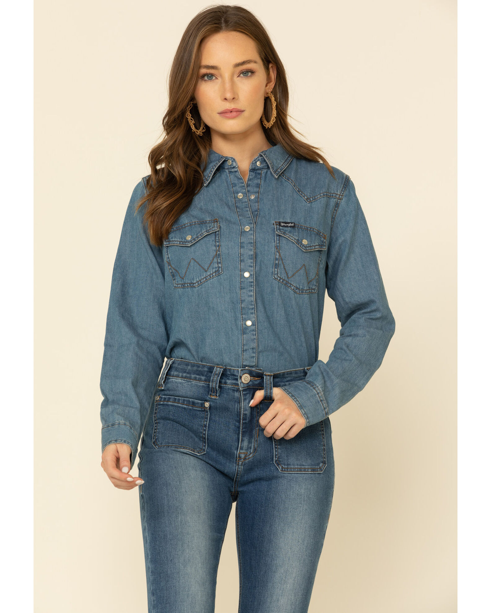 Wrangler Women's Medium Denim Snap Long Sleeve Western Shirt | Boot Barn