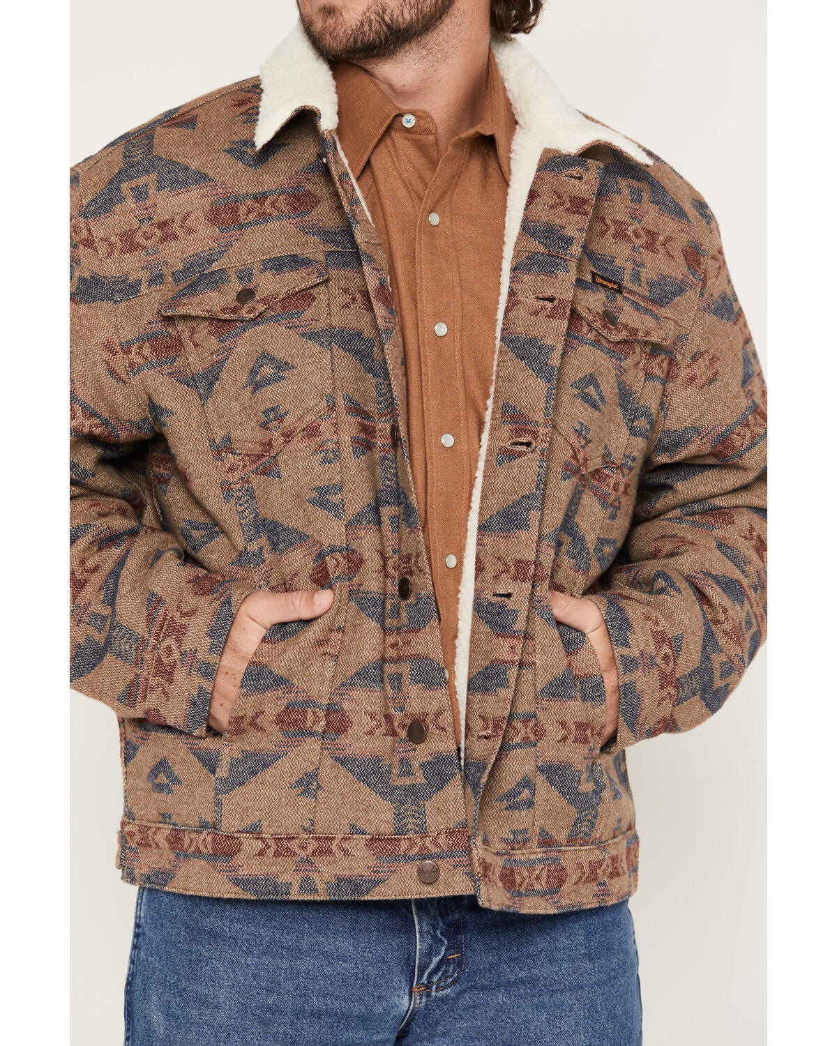 Image #3 - Wrangler Men's Southwestern Print Sherpa Lined Jacket, Taupe, hi-res