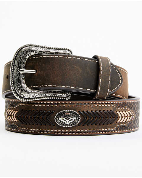 Cody James Men's Brown Southwestern Concho Belt With Lace Detail, Brown, hi-res