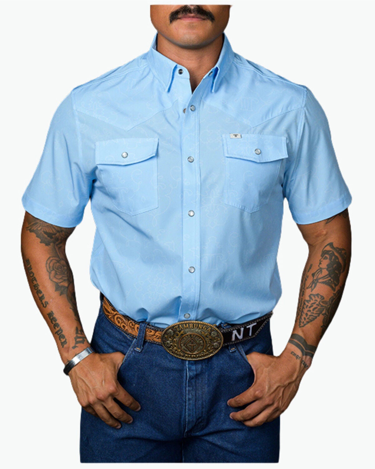 Ferrell Men's Tek Carson Boot Stitch Short Sleeve Snap Performance Western Shirt, Blue, hi-res