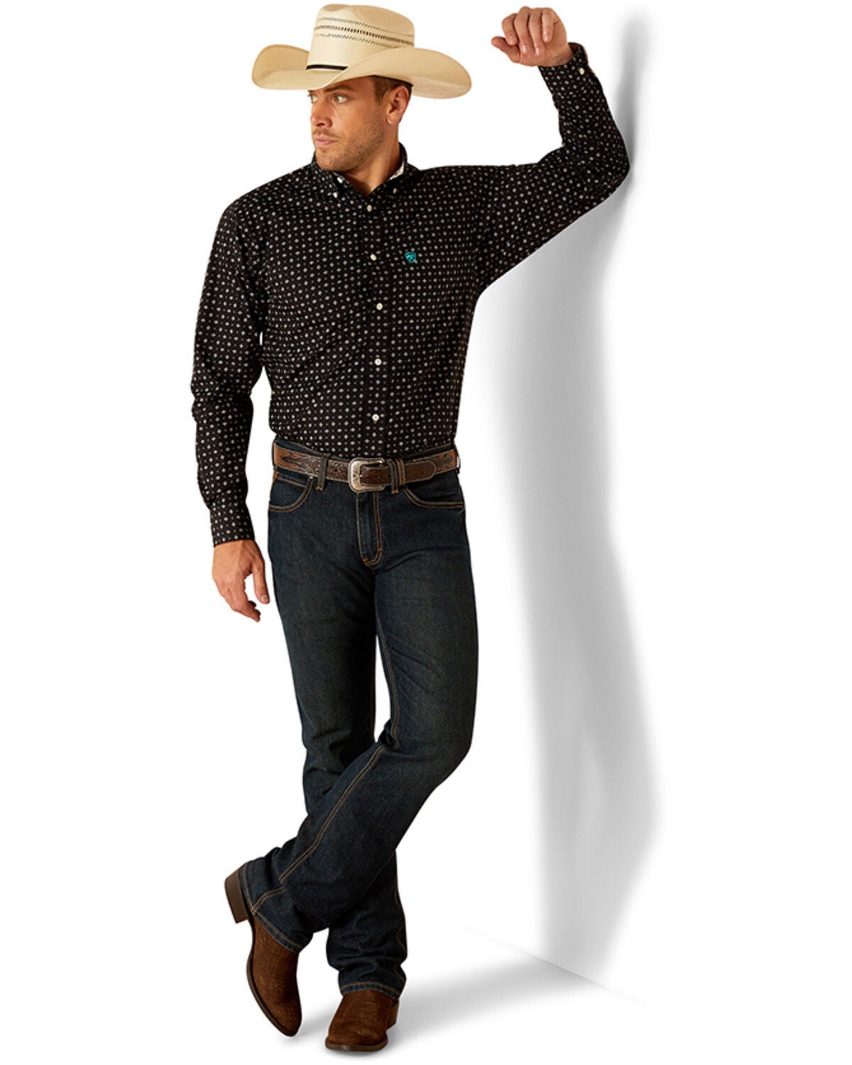 Ariat Men's Seth Ditsy Geo Print Long Sleeve Button-Down Western Shirt - Big, Black, hi-res