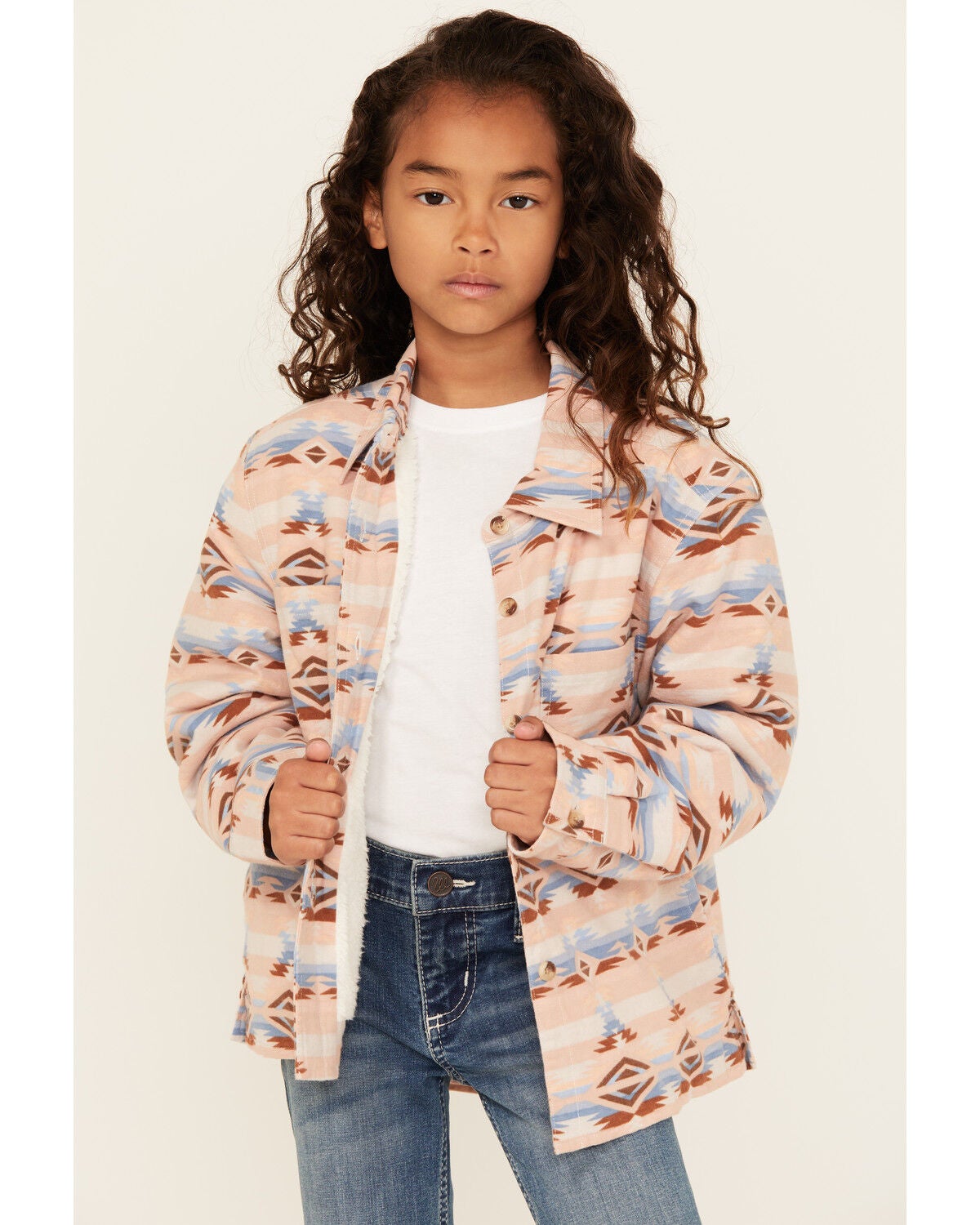 Ely Walker Girls' Southwestern Print Button-Down Sherpa Lined Shacket, Rust Copper, hi-res