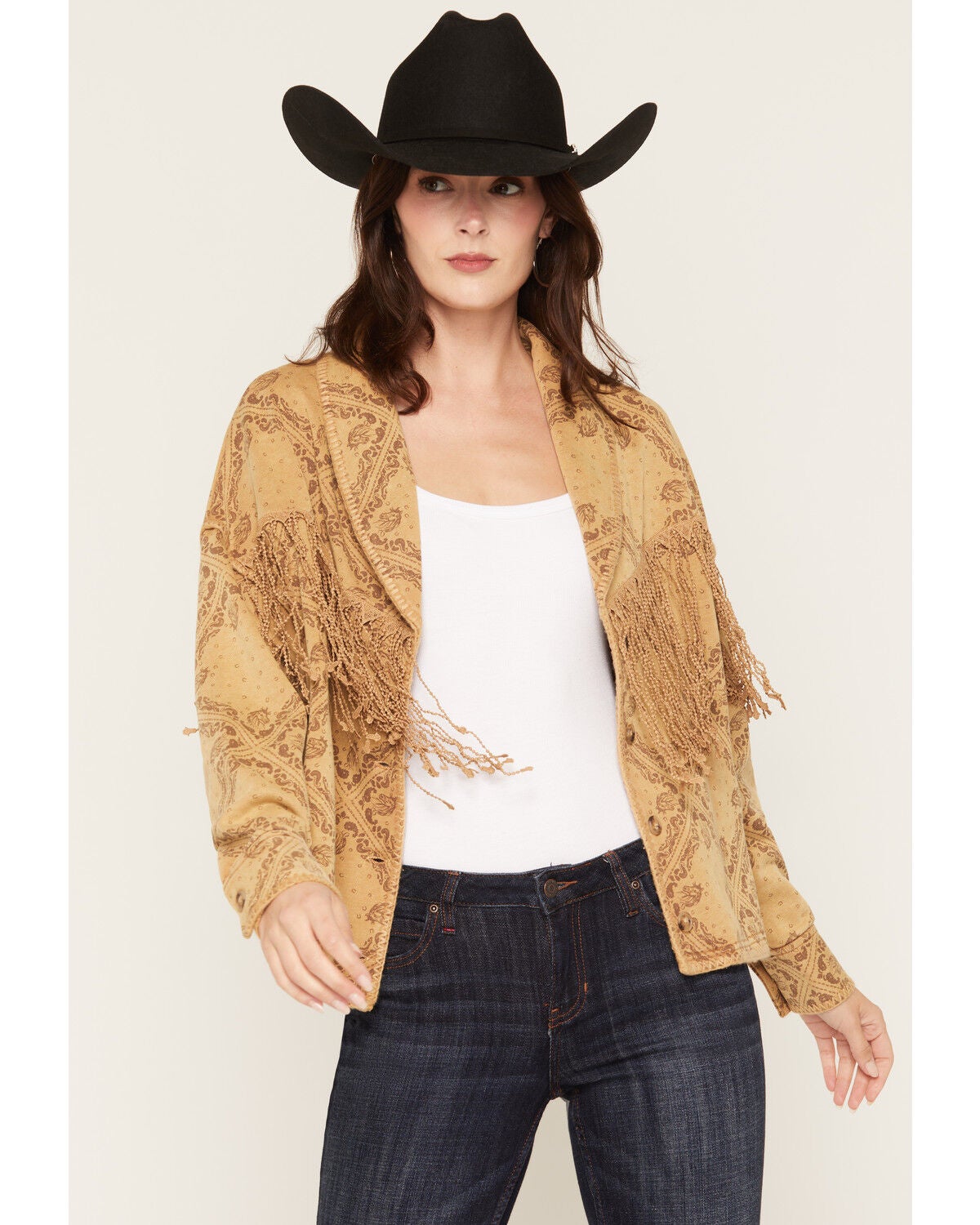 Miss Me Women's Fringe Button Front Short Cardigan, Camel, hi-res