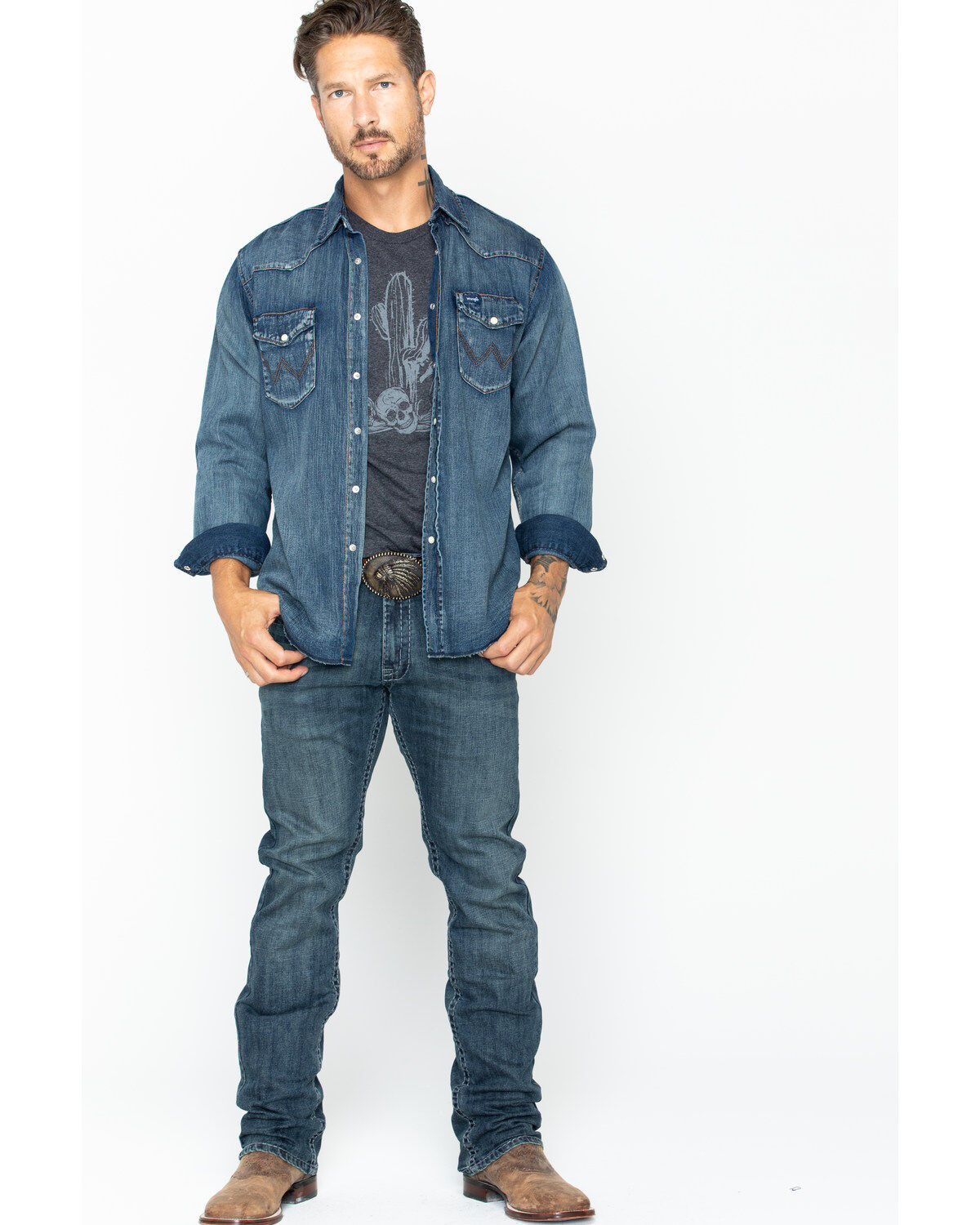 Image #7 - Wrangler Men's Slub Denim Long Sleeve Work Shirt, Antique Blue, hi-res