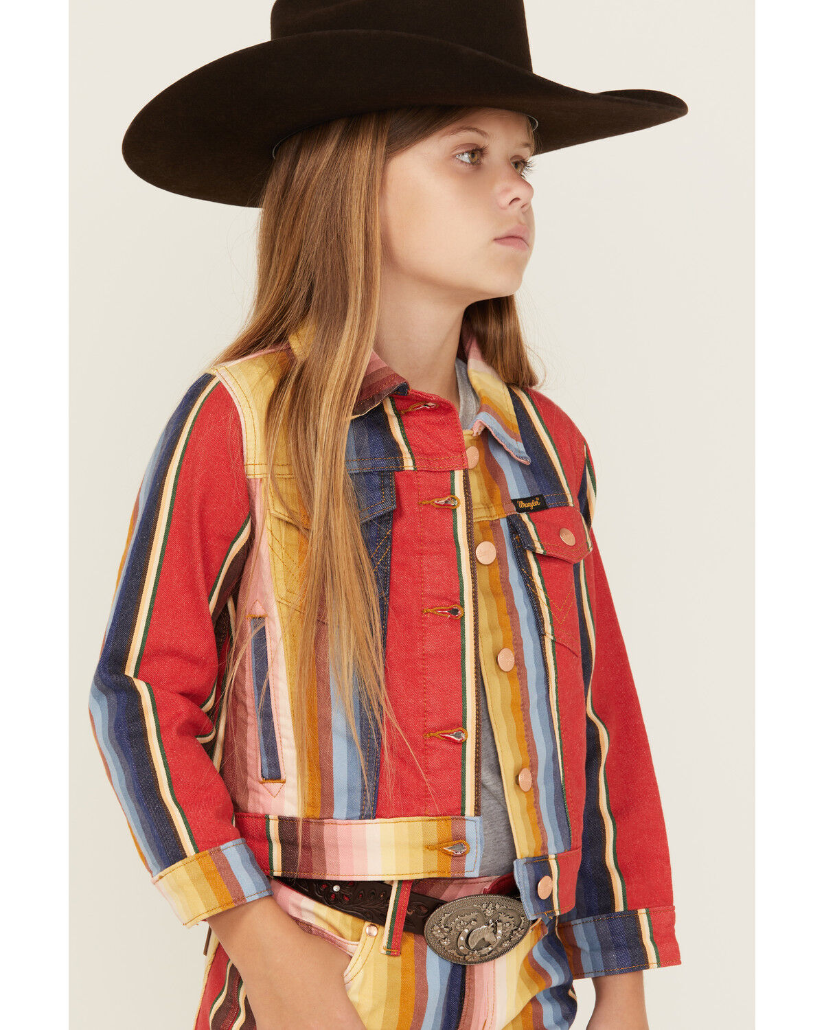 Image #2 - Wrangler X Lainey Wilson Girls' Rodeo Striped Trucker Jacket, Red, hi-res