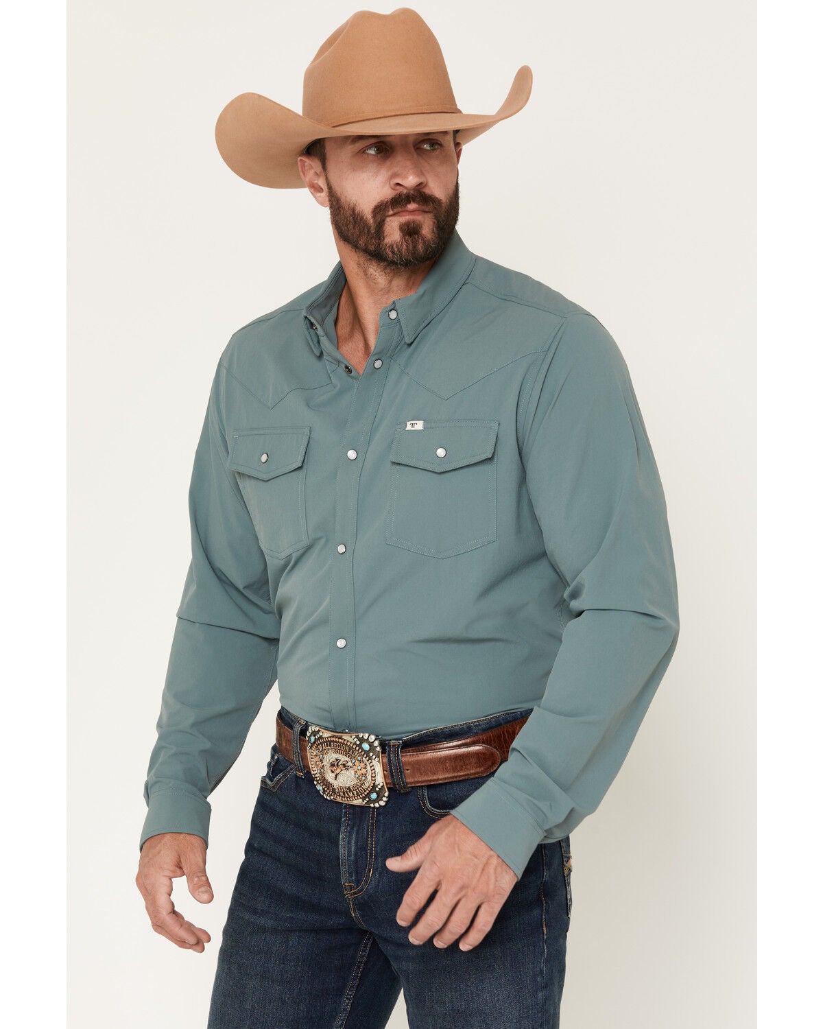 Image #2 - Ferrell Men's Tek Solid Short Sleeve Pearl Snap Stretch Performance Western Shirt, Blue, hi-res