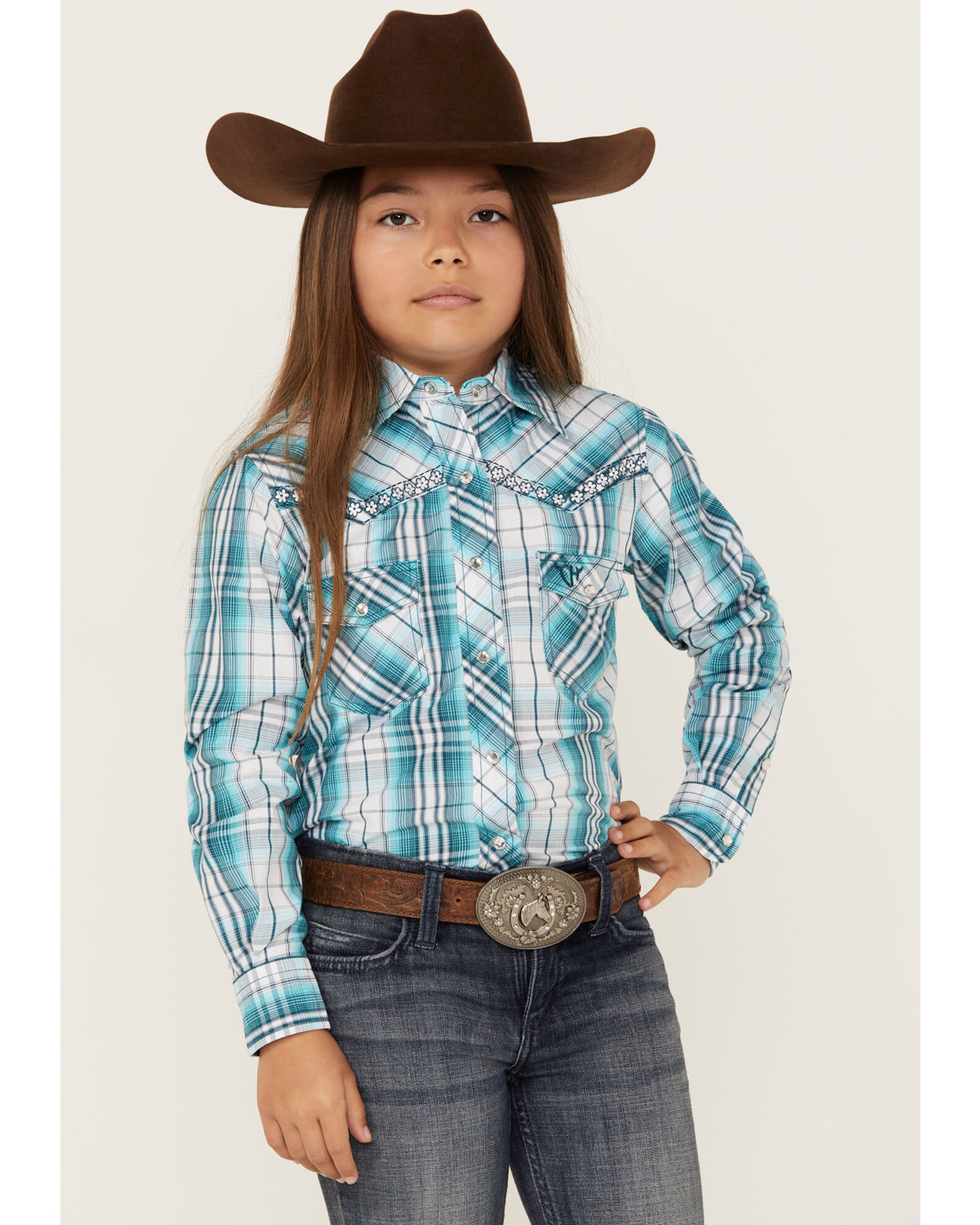 Cowgirl Hardware Girls' Hermosillo Plaid Print Long Sleeve Snap Western Shirt