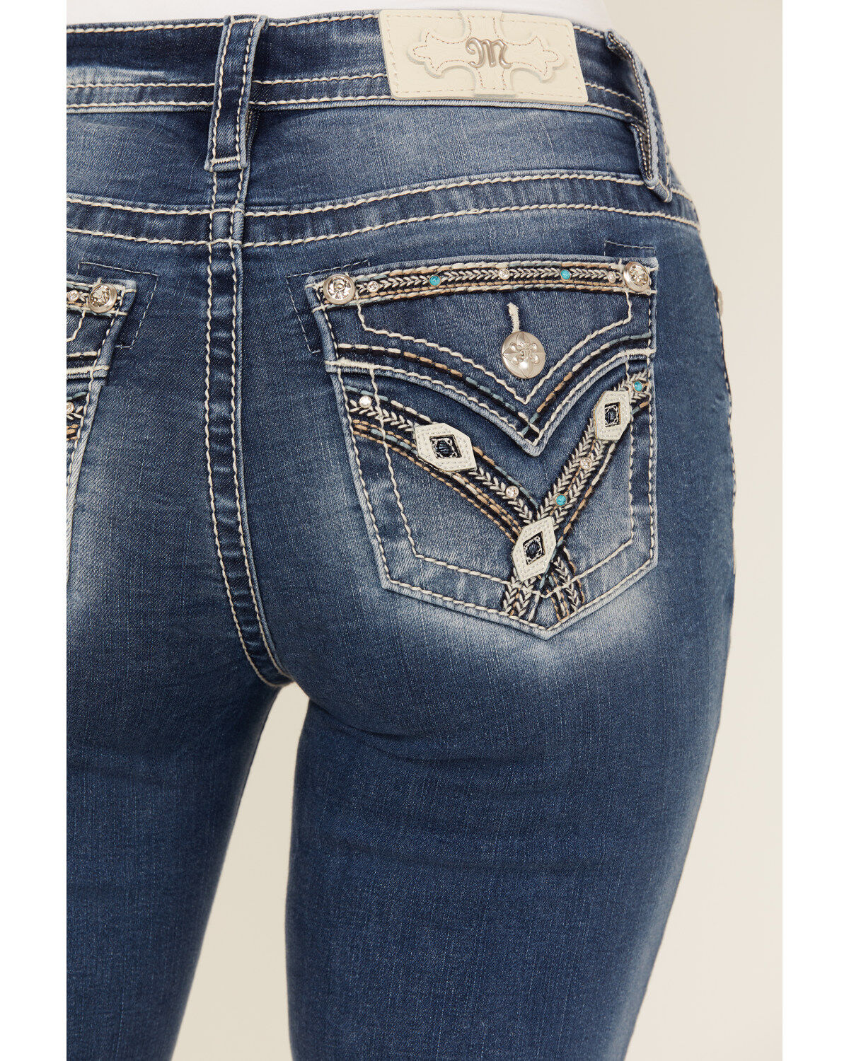 Product Name:  Miss Me Women's Dark Wash Mid Rise Faux Flap Pocket Bootcut Stretch Denim Jeans