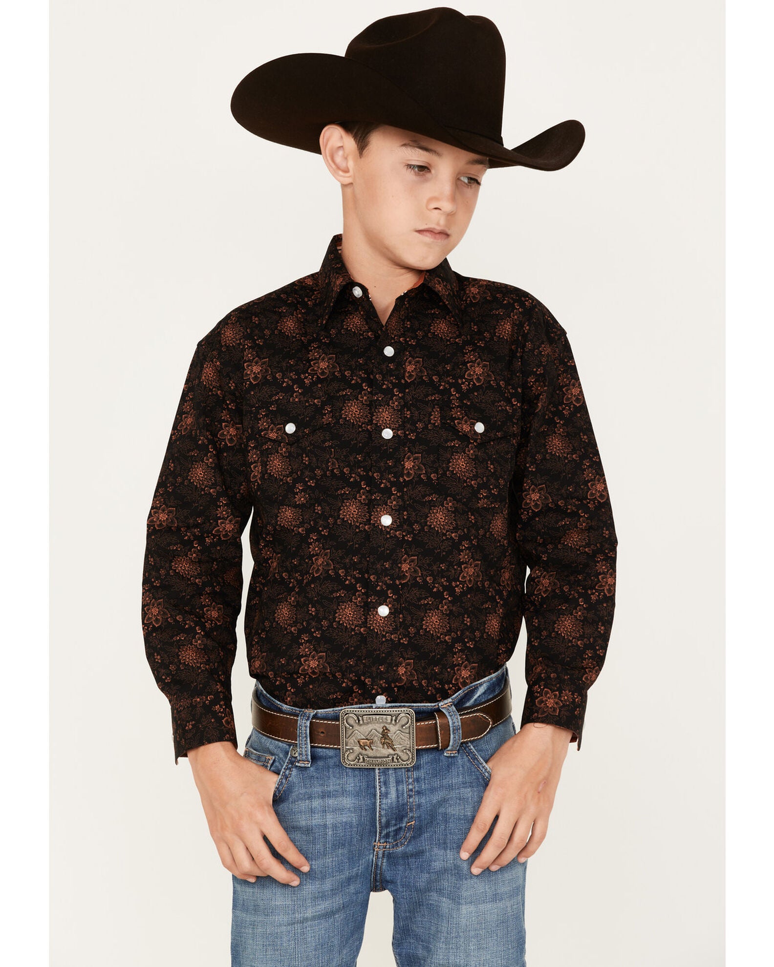 Panhandle Boys' Floral Print Long Sleeve Pearl Snap Western Shirt, Black