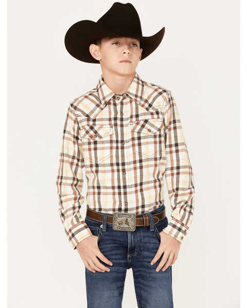 Cody James Boys' Plaid Print Long Sleeve Western Snap Flannel Shirt, Cream, hi-res