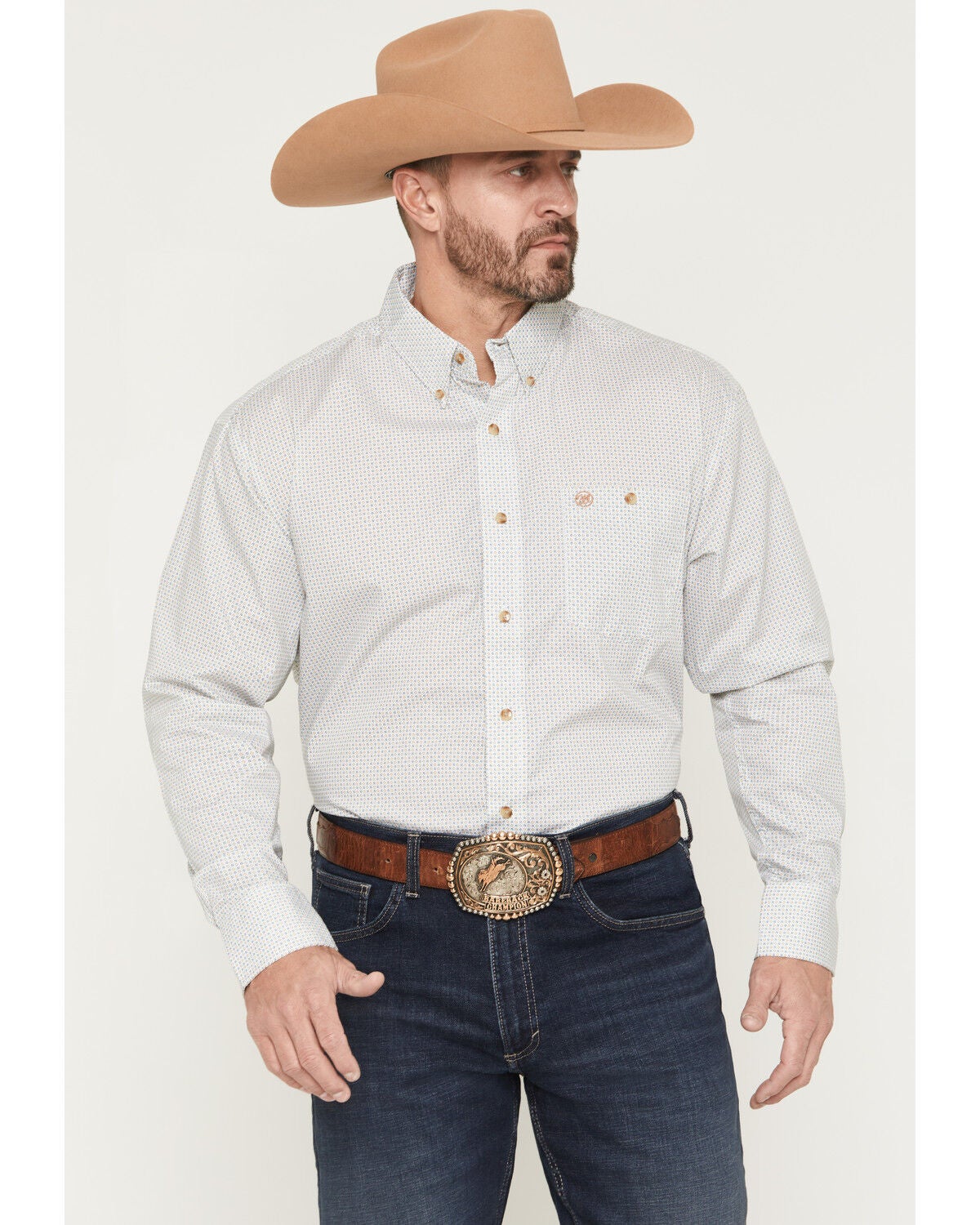 Wrangler Men's Classics Geo Print Long Sleeve Button-Down Western Shirt - Big, Tan, hi-res