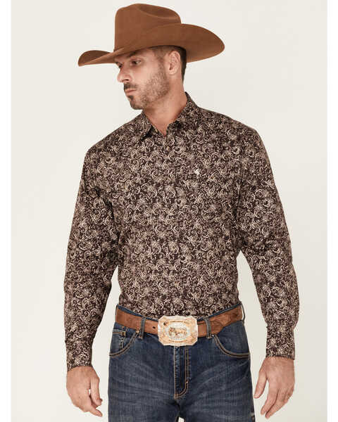 Rodeo Clothing Men's Brown Large Paisley Print Long Sleeve Snap Western Shirt , Brown, hi-res