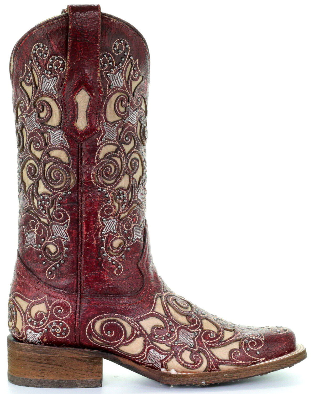 Image #2 - Corral Women's Red Embroidered Stud Inlay Cowgirl Boots - Square Toe, , hi-res