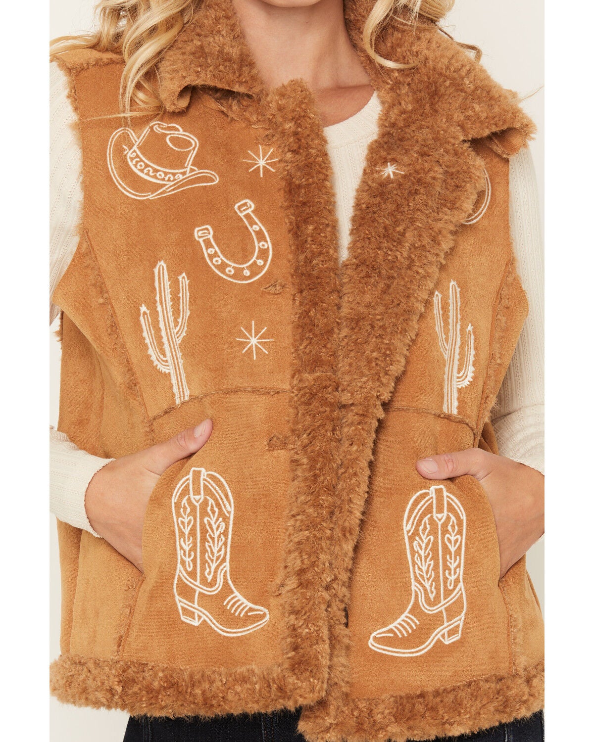Image #3 - Blue B Women's Embroidered Faux Fur Vest, Camel, hi-res