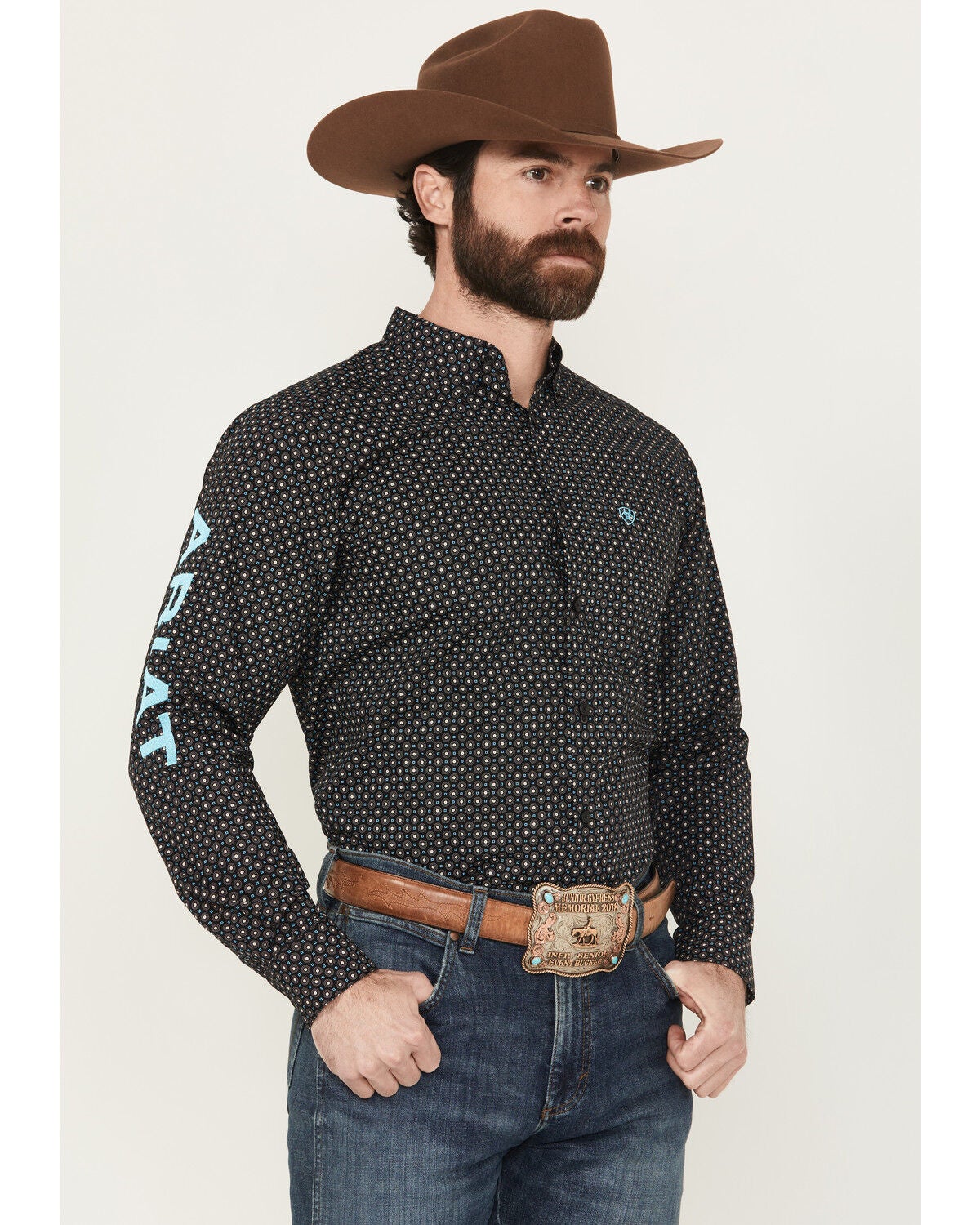 Ariat Men's Team Abel Geo Print Long Sleeve Button-Down Western Shirt, Black, hi-res
