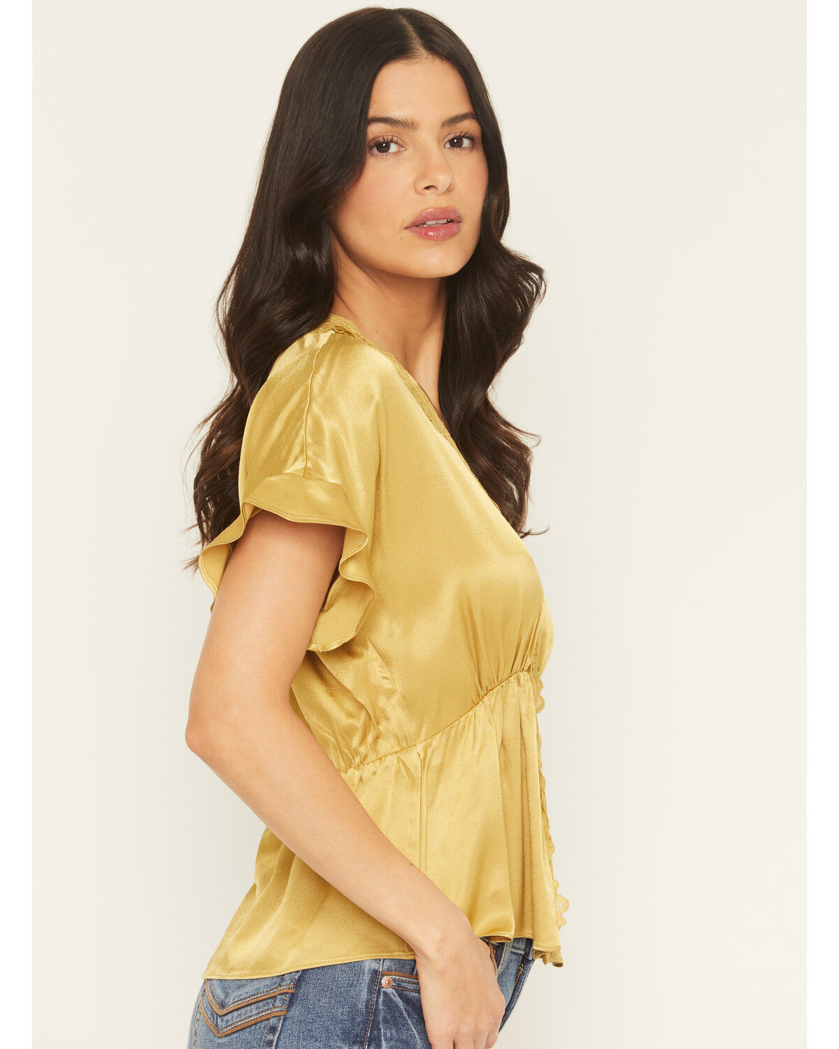 Image #2 - Shyanne Women's Satin Lace Trim Short Sleeve Button-Down Shirt, Olive, hi-res