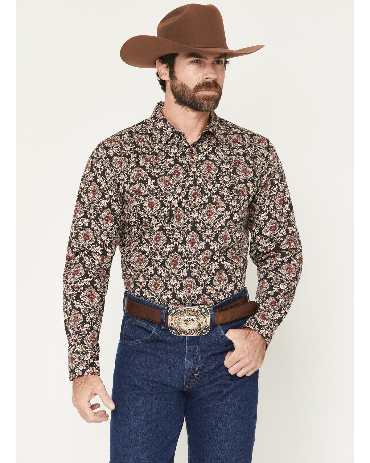 Gibson Trading Co Men's Bloomin Paisley Print Long Sleeve Snap Western Shirt, Black, hi-res