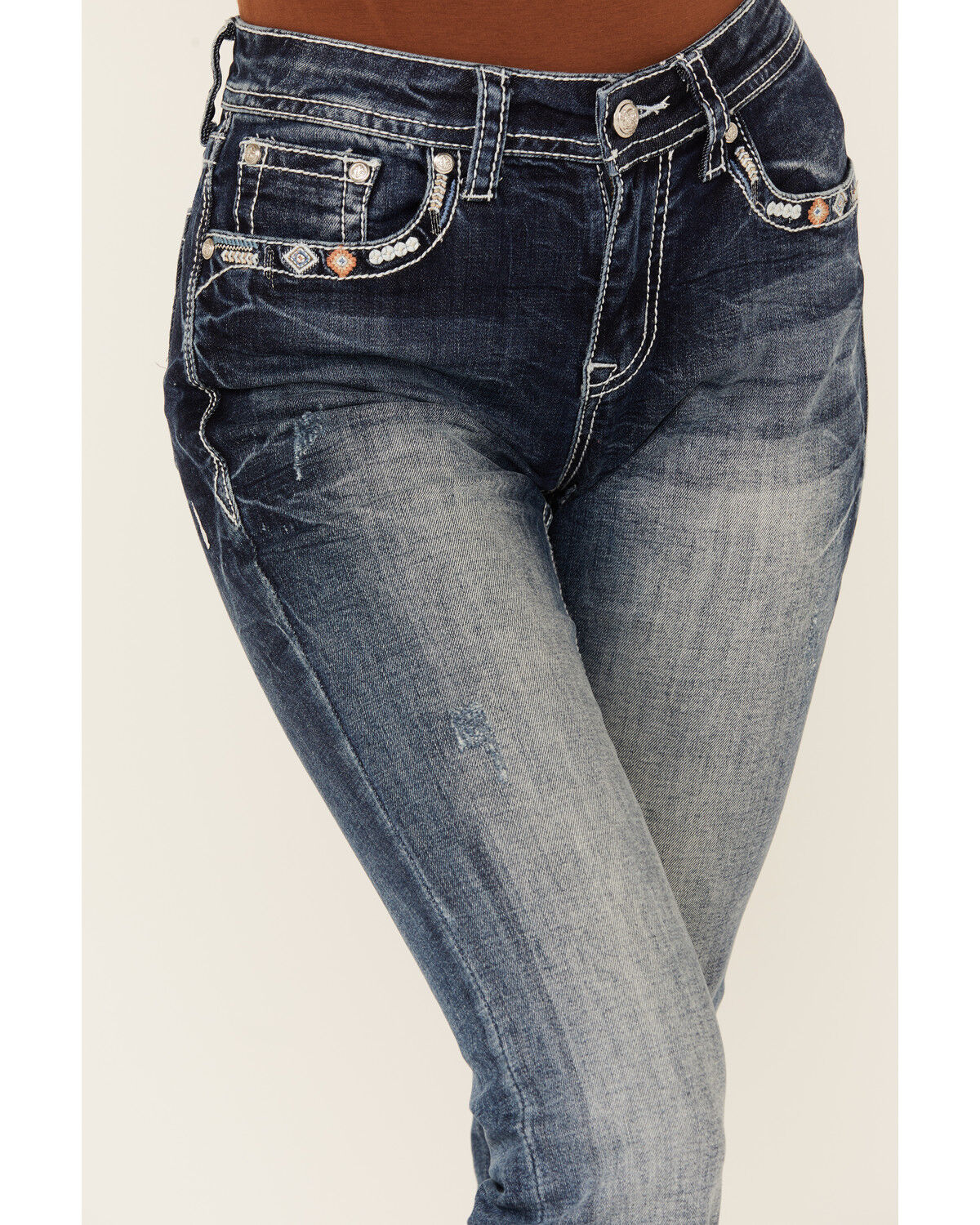 Image #4 - Grace In LA Women's Medium Wash Geo Print Embroidered Mid Rise Bootcut Stretch Denim Jeans, Medium Wash, hi-res