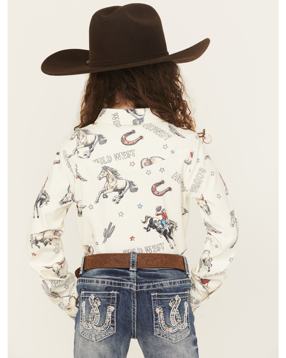 Image #4 - Shyanne Girls' Conversation Print Long Sleeve Button-Down Faux Suede Western Shirt, Ivory, hi-res
