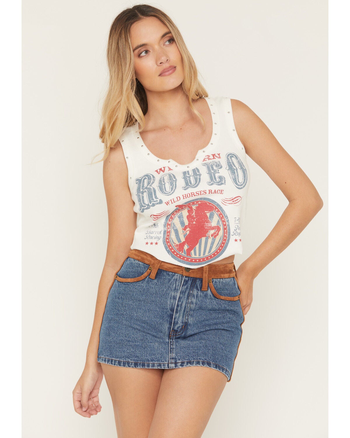 Blended Women's Rodeo Studded Tank, White, hi-res