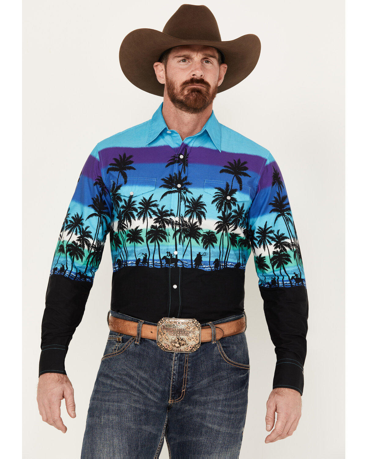 Roper Men´s Vintage Palm Tree Beach Print Long Sleeve Pearl Snap WesternShirt