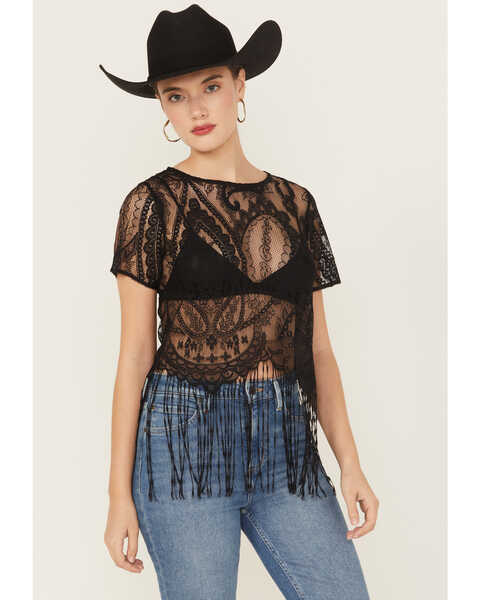 Idyllwind Women's Lace Fringe Short Sleeve Shirt, Black, hi-res