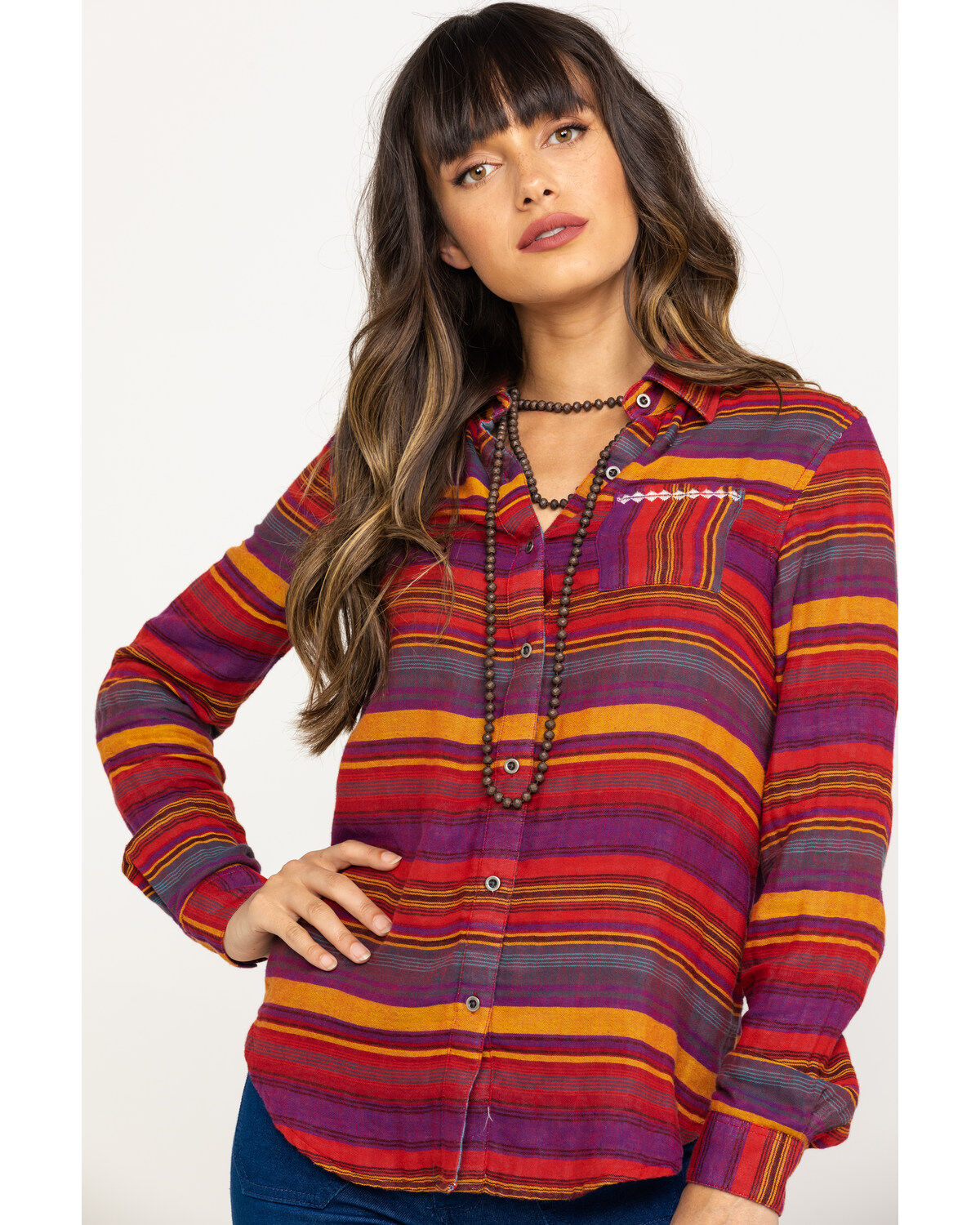 Image #1 - Rock & Roll Denim Women's Rust Serape Stripe Southwestern Embroidered Long Sleeve Western Shirt , , hi-res