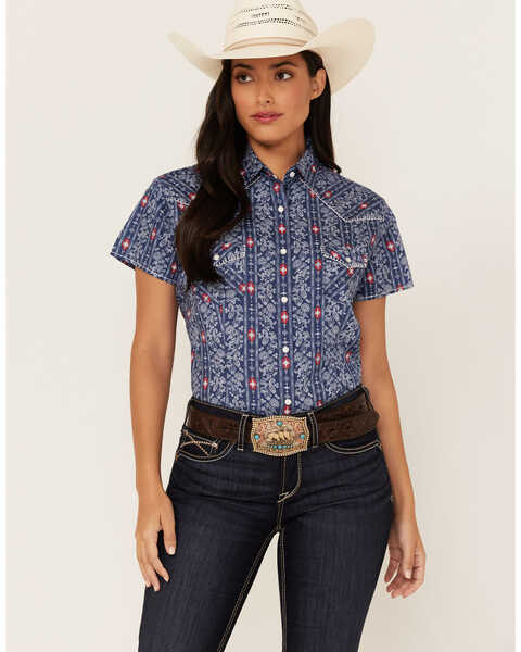 Panhandle Women's Stripe Short Sleeve Snap Western Core Shirt, Navy, hi-res