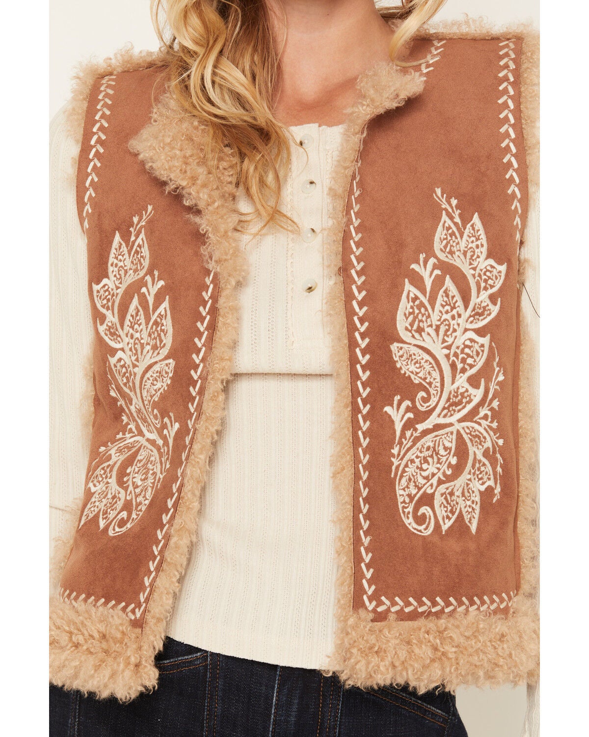 Image #3 - Shyanne Women's Cedar Embroidered Faux Suede and Shearling Bonded Vest, Bark, hi-res