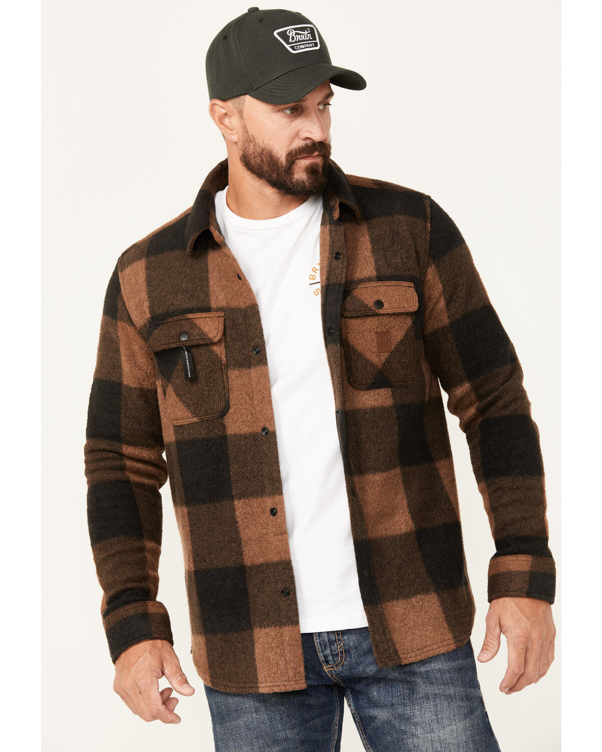 Image #1 - Brixton Men's Bowery Arctic Plaid Print Long Sleeve Snap Stretch Flannel Shirt, Brown, hi-res