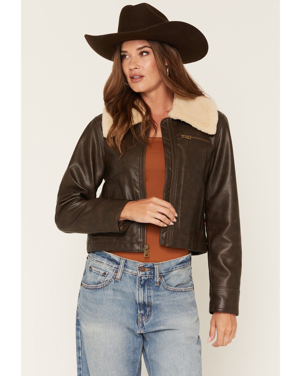 Levi's Women's Sherpa Collar Faux Leather Jacket, Brown, hi-res