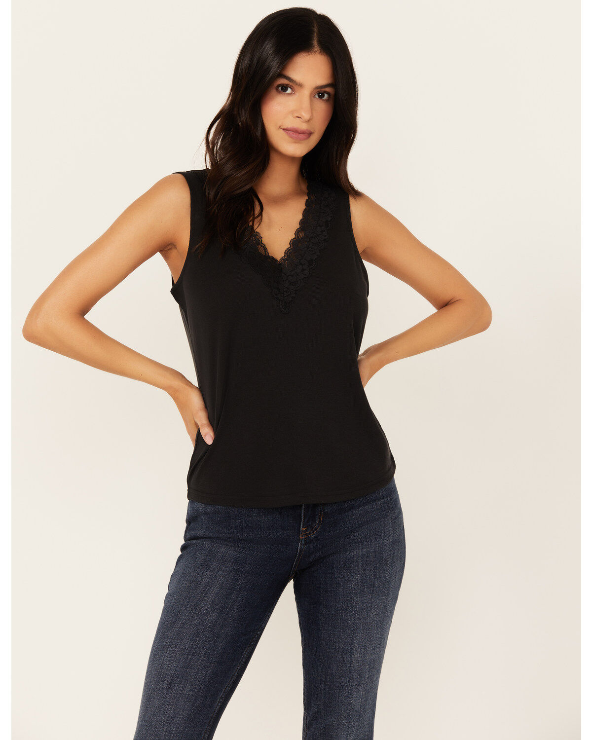 Image #1 - Idyllwind Women's Resha Lace Rib Knit Cami, Black, hi-res