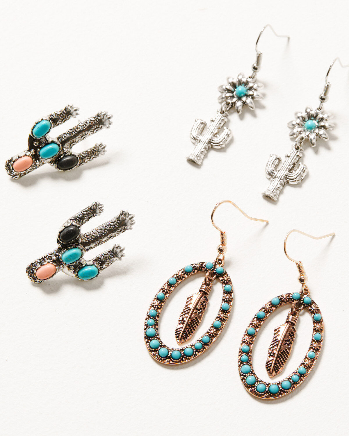 Image #1 - Shyanne Women's Cactus Stone & Feather 3pc Earrings Set, Silver, hi-res