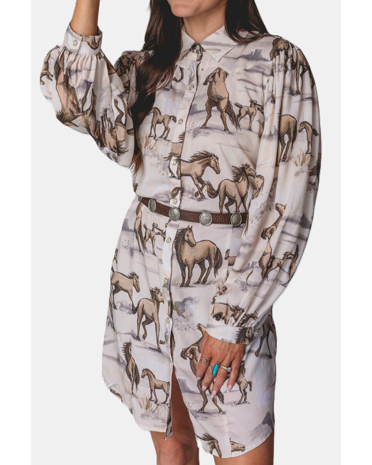 Image #1 - Lovlei Ranch Kenzie Wild and Free Horse Print Snap Front Mini Dress, Ivory, hi-res